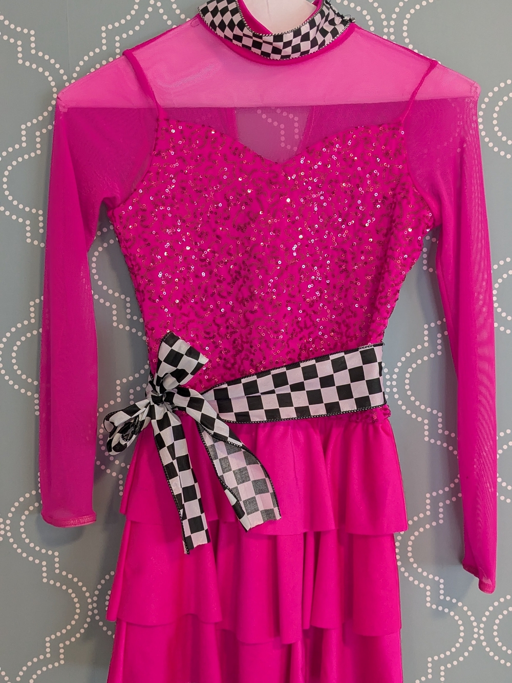 Weissman Hot Pink Sequin Tiered Dance Costume with Checkered Sash